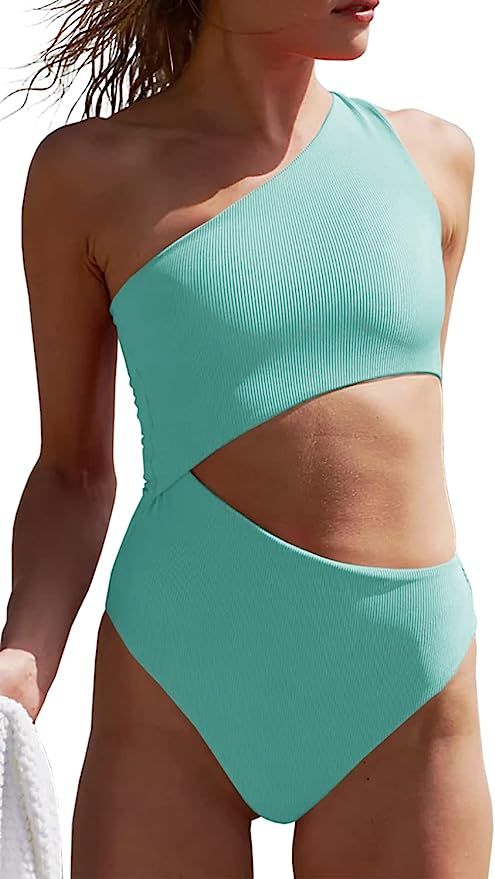 Women's One Piece Ribbed Swimsuit One Shoulder Cutout Swimwear Sexy Bathing Suit | Amazon (US)