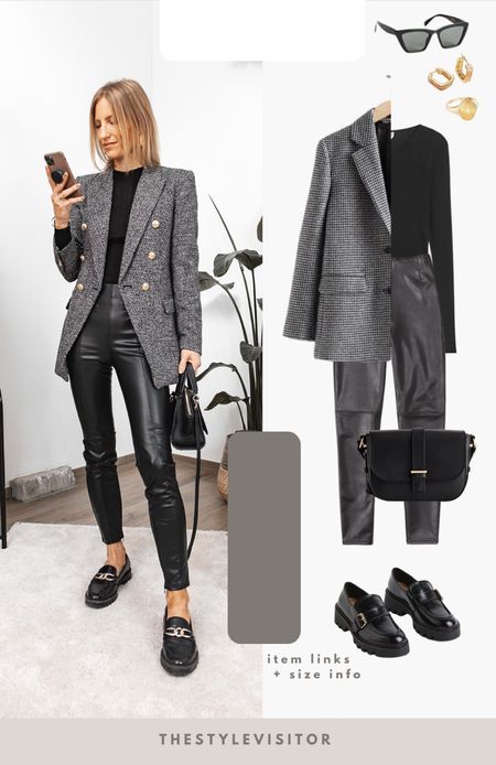 Another black and white casual chic weekend look. It’s all zara but tried to link dupes:

Textured blazer with golden buttons (wearing xs): 2761/246 
Long sleeve see-through top (wearing s): 7901/431
Faux leather legging (xs), would not recommend when 5’8 and taller: 5427/530

Read the size guide/size reviews to pick the right size.

Leave a 🖤 if you want to see more casual chic outfits like this

#fauxleather #legging #blazer #tweed #jacket #loafers #top #transparent #black 

#LTKeurope #LTKstyletip #LTKSeasonal