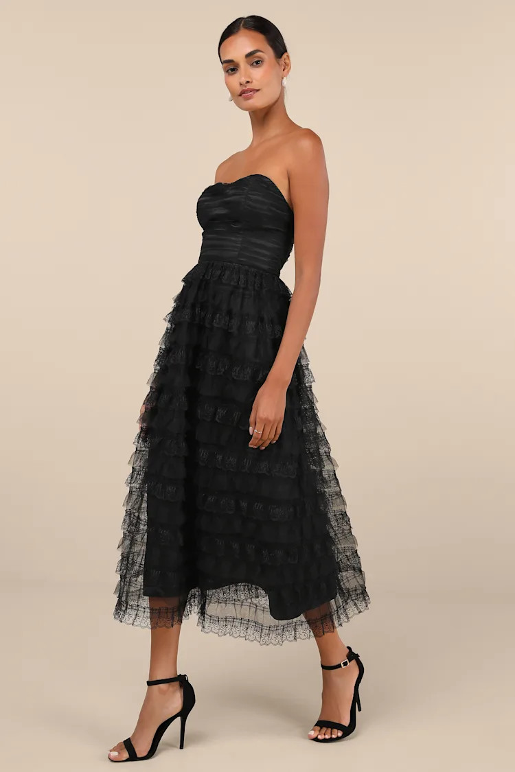 Immensely Exquisite Black Tulle Strapless Tiered Midi Dress | Lulus