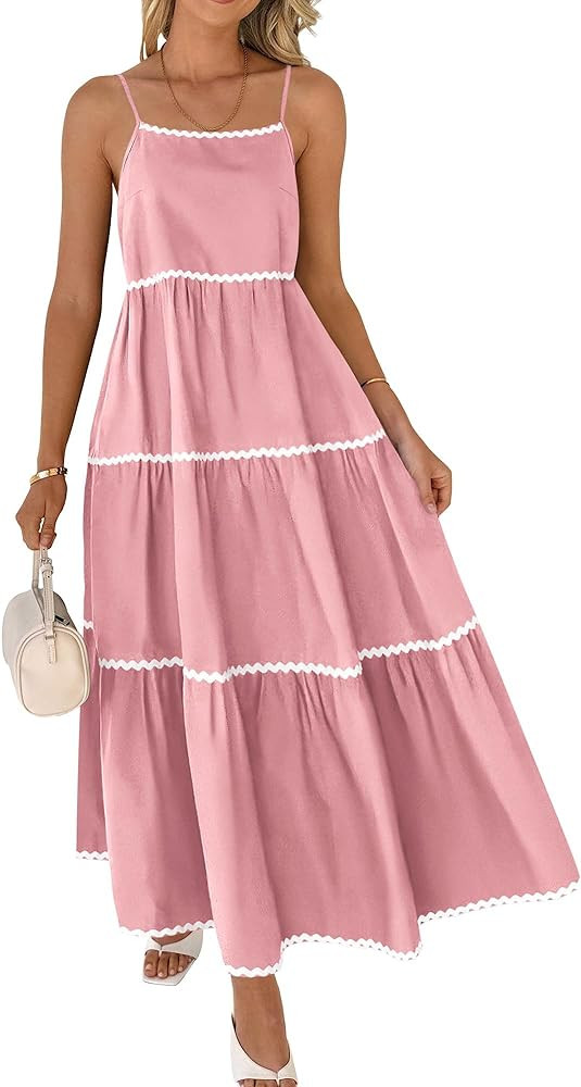 BTFBM Boho Summer Dresses 2024 Vacation Spaghetti Strap Backless RIC Rac Trim Tiered A-Line Long ... | Amazon (US)