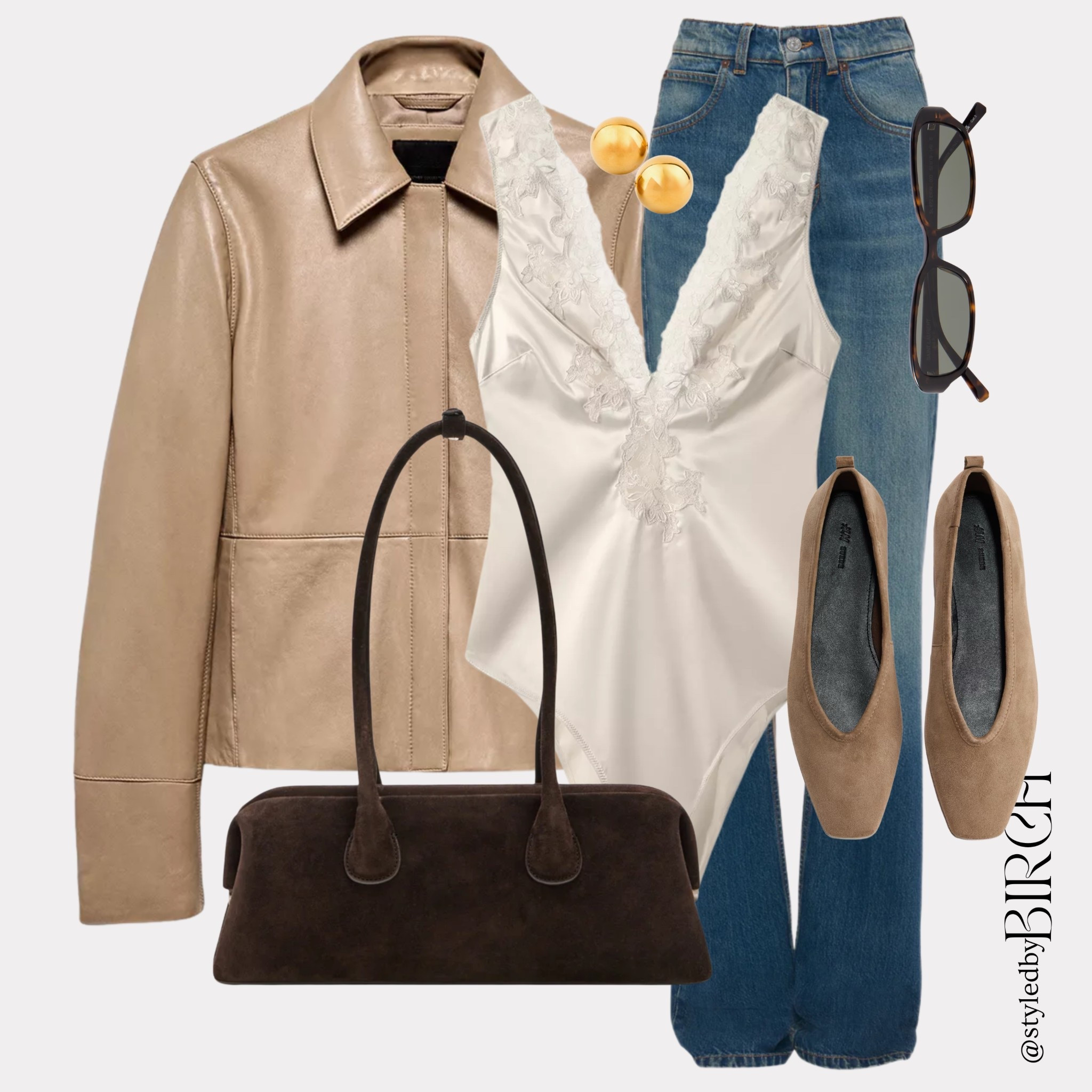 This look is serving serious 90s model off duty energy ✨ effortless, chic, casual, but still so put together.

#outfitinspo #ootd #fashion #chicstyle #neutralstyle 

Tags 🏷️ 
beige leather jacket, ivory lace bodysuit, straight leg blue jeans, taupe flats, dark brown shoulder bag, gold earrings and sunglasses

#LTKjeans #LTKspring #LTKeurope