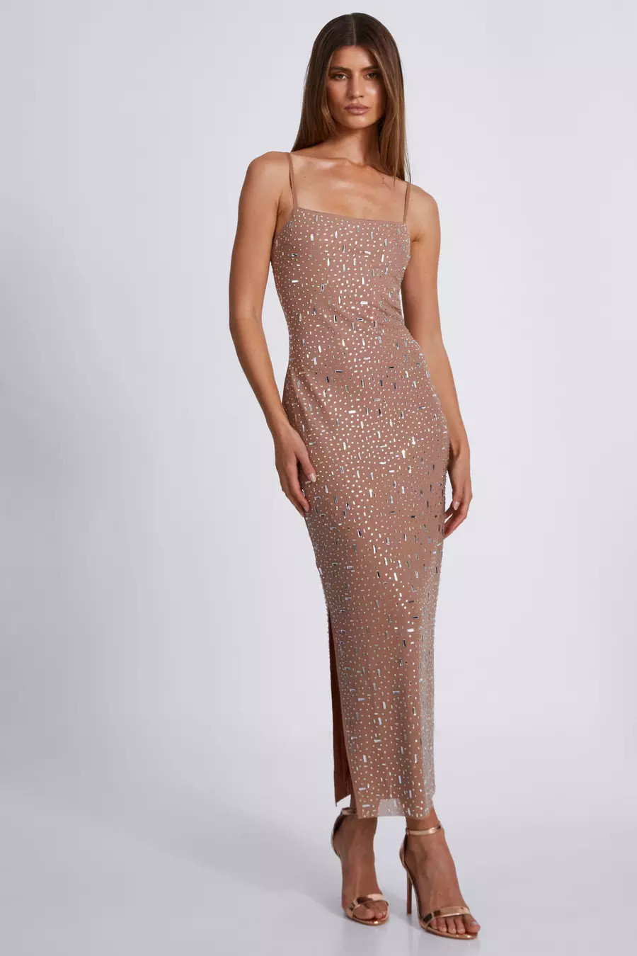 Nude Square Neck Embellished Maxi Dress | Quiz Clothing