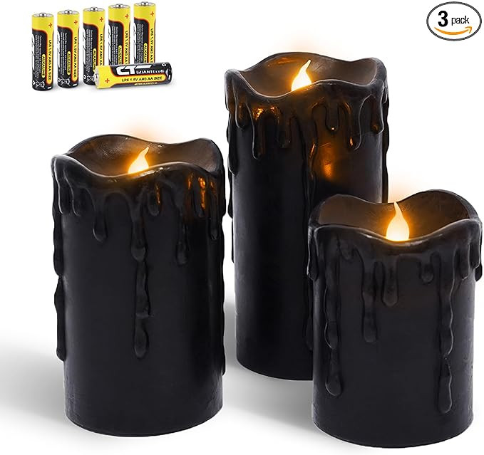 Rhytsing Set of 3 Black Flameless Pillar Candles Real Wax Dripping Design, Battery Operated Led C... | Amazon (US)
