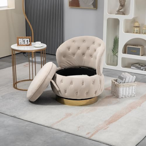 LuxyHoom Modern Swivel Chair, Velvet Accent Chair with Storage, Round Sherpa Chair, Upholstered Comfy Armchair with Tufted Back for Nursery, Living Room, Bedroom, Office, Waiting Room, Beige | Amazon (US)