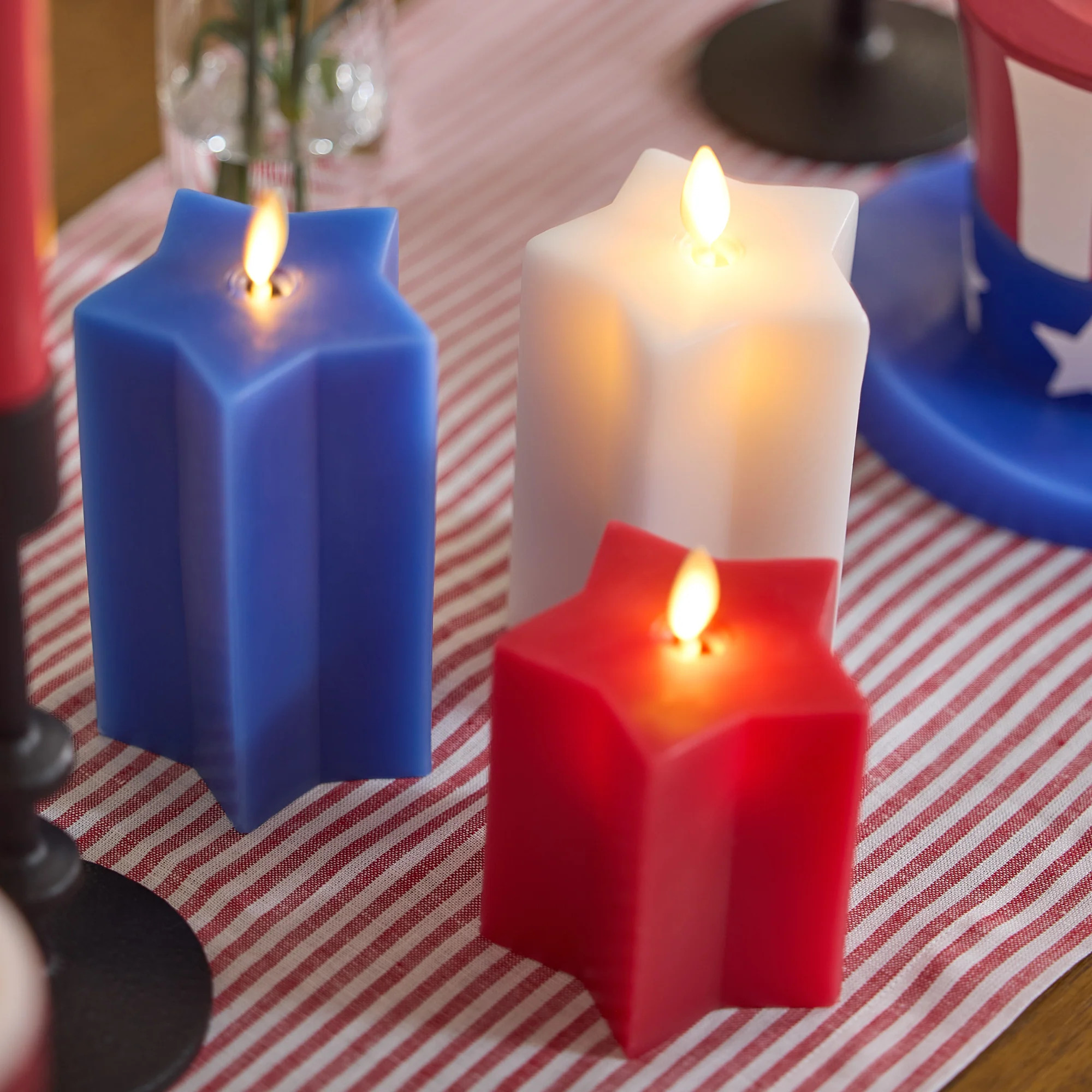 Set of 3 Red, White & Blue Star-shaped Flameless Candle Pillars | Luminara