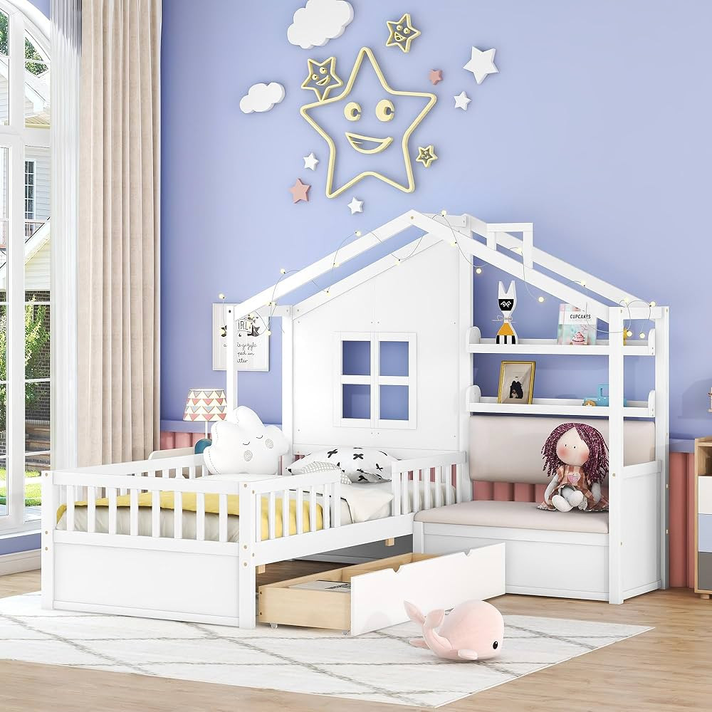 Bellemave Twin Size House Bed with Sofa, Wooden Kids Bed with Two Drawers and Storage Shelf, Kids... | Amazon (US)