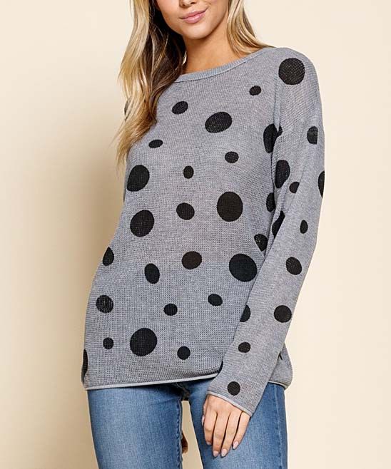 Avenue Hill Women's Pullover Sweaters H.GREY - Heather Gray & Black Polka Dot Crewneck Sweater - Wom | Zulily