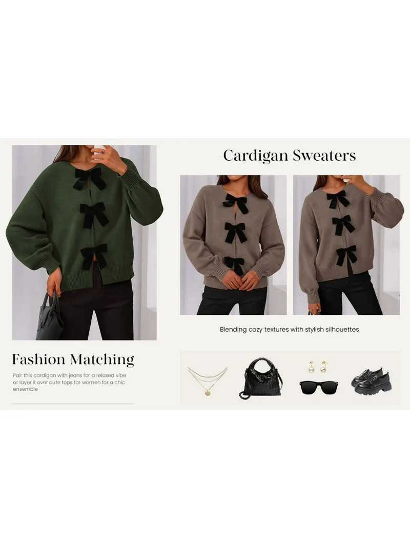 PRETTYGARDEN Cardigan Sweaters for Women Fall Bow Tie Front Long Sleeve Knit Sweater Tops Cute Go... | Walmart (US)