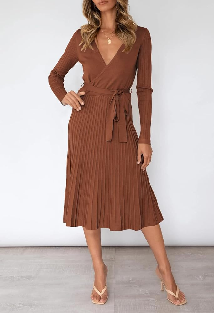 Pink Queen Women's Wrap Sweater Dress V Neck Long Sleeve Ribbed Swing Knit Midi Dresses with Belt | Amazon (US)