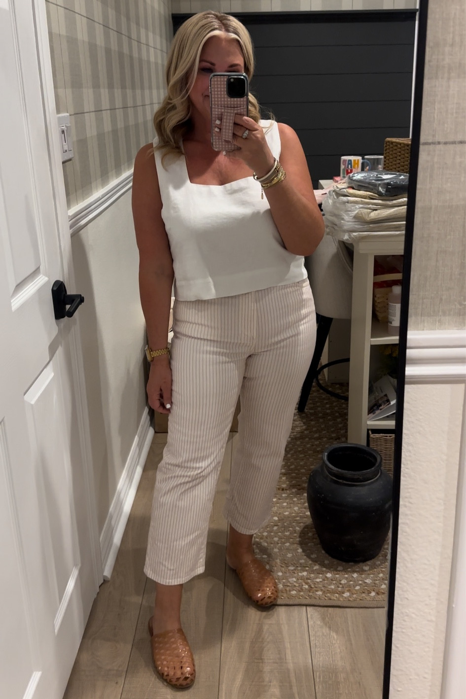 Last nights outfit! I love these striped pants & I’m still on the jelly shoe trend! 

#LTKootd #LTKOver40