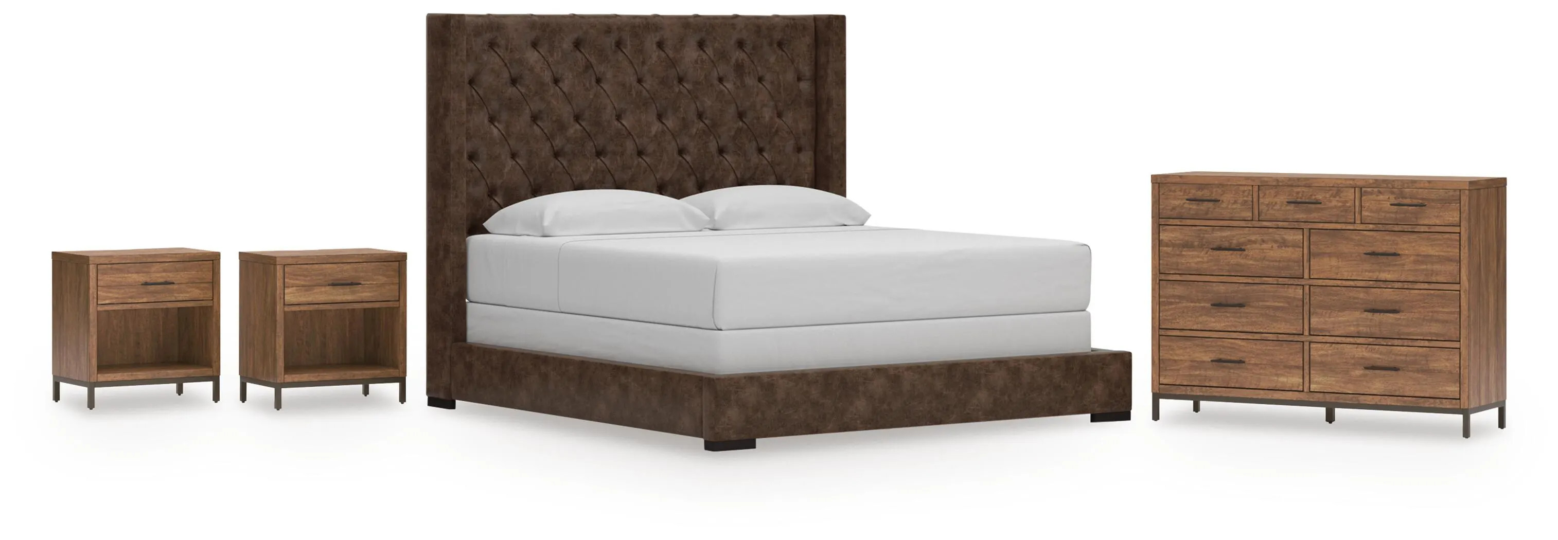 Steenlage King Upholstered Bed with Dresser and 2 Nightstands, Brown | Ashley