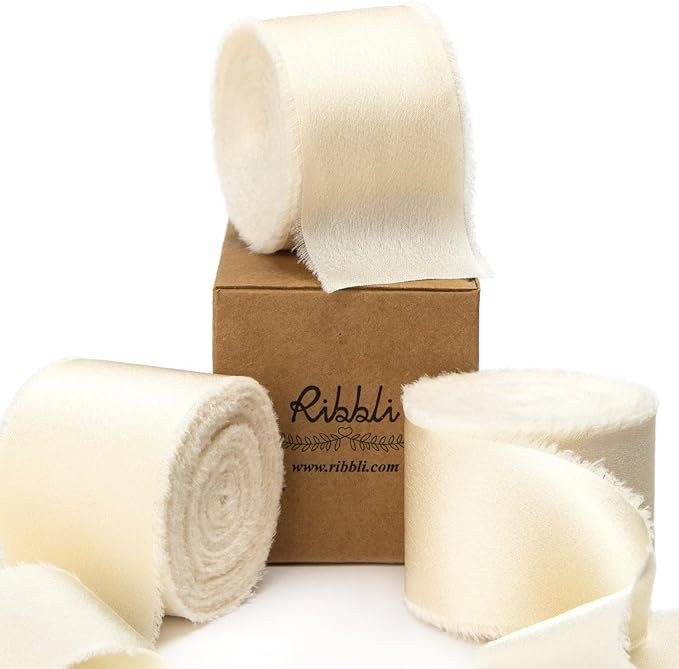 Ribbli Ivory Silk Satin Ribbon 1.5 Inch x 30 Yard Handmade Frayed Chiffon Cream Ribbon for Gift W... | Amazon (US)