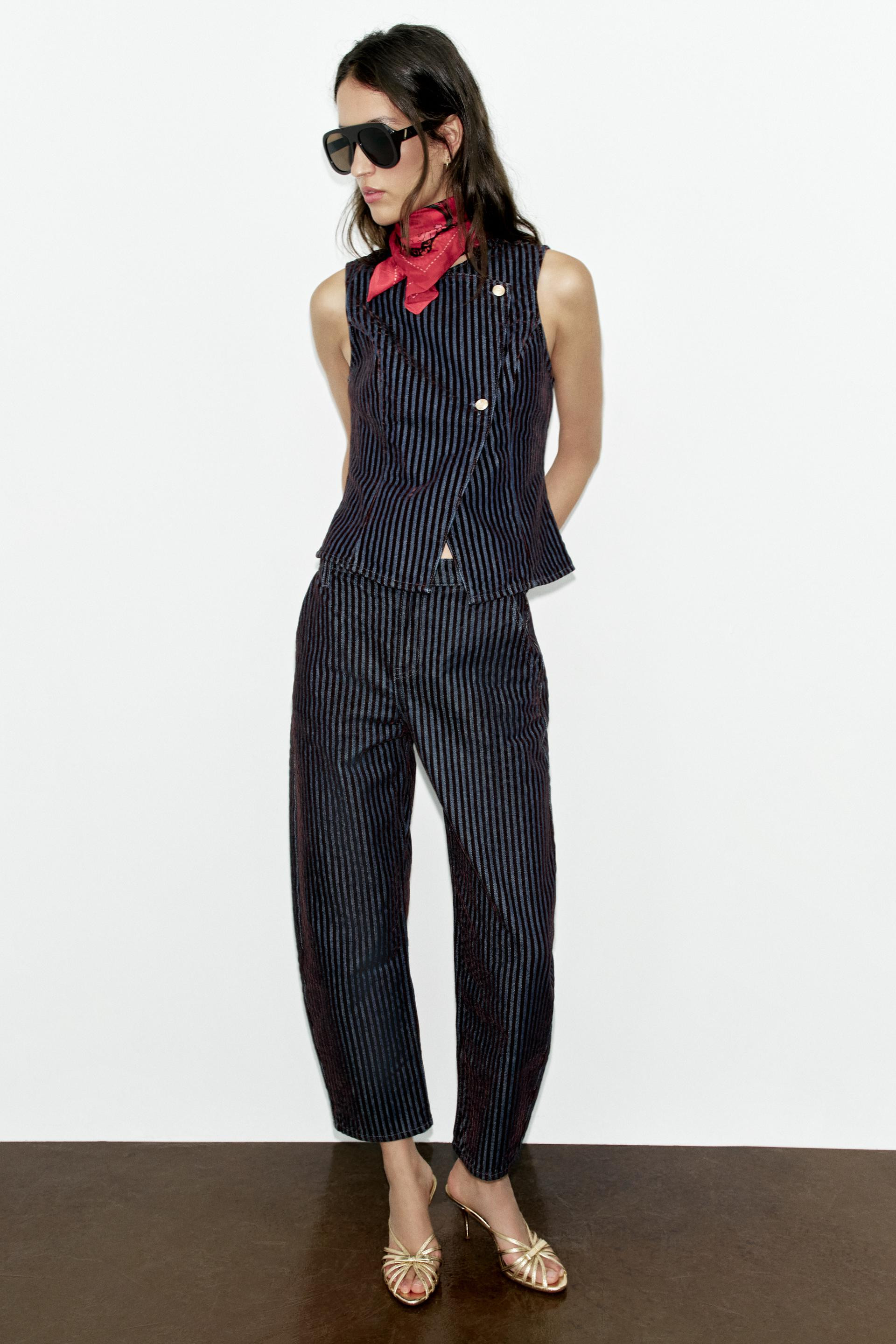 Zara - Z1975 High-Rise Velvet Stripe Barrel Jeans - Striped - 25 (Us 0) - Woman | Zara US