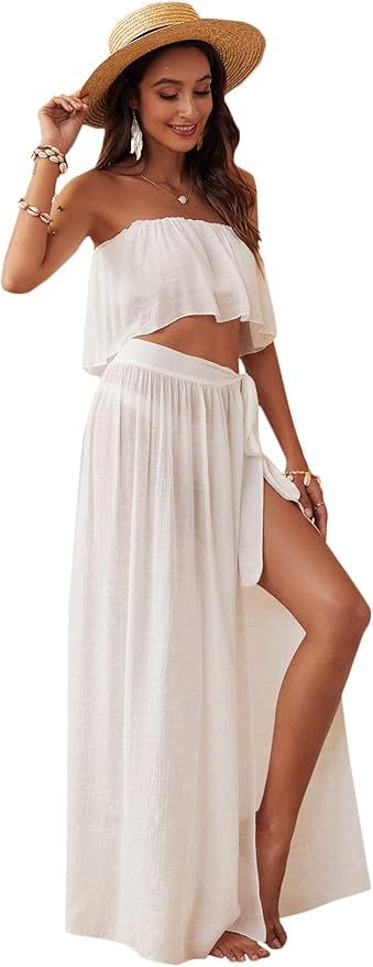 SOLY HUX Women's 2 Piece Bandeau Top and Tie Side Beach Cover Up Skirt Set Swimwear | Amazon (US)