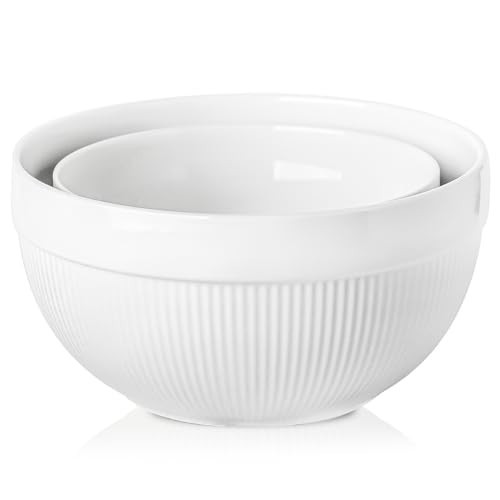 TEAKISS Ceramic Large Mixing Bowls for Kitchen, Set of 2 Big Serving Bowls for Cooking, Popcorn, Salad, Soup, Baking, Dough Bread Making Bowl, 10 inch + 8 inch, White | Amazon (US)