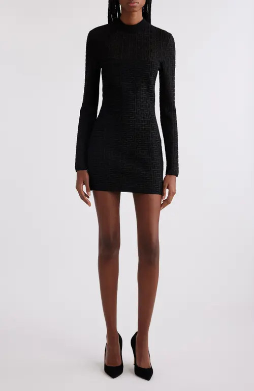 Balmain Metallic Long Sleeve Monogram Jacquard Mini Sweater Dress in Eac Black/Silver at Nordstrom, Size 14 Us | Nordstrom