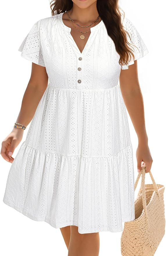 Plus Size Summer Dress - Casual Sundress Beach Short Sleeve V Neck Tiered Button Up Boho Midi Flo... | Amazon (US)