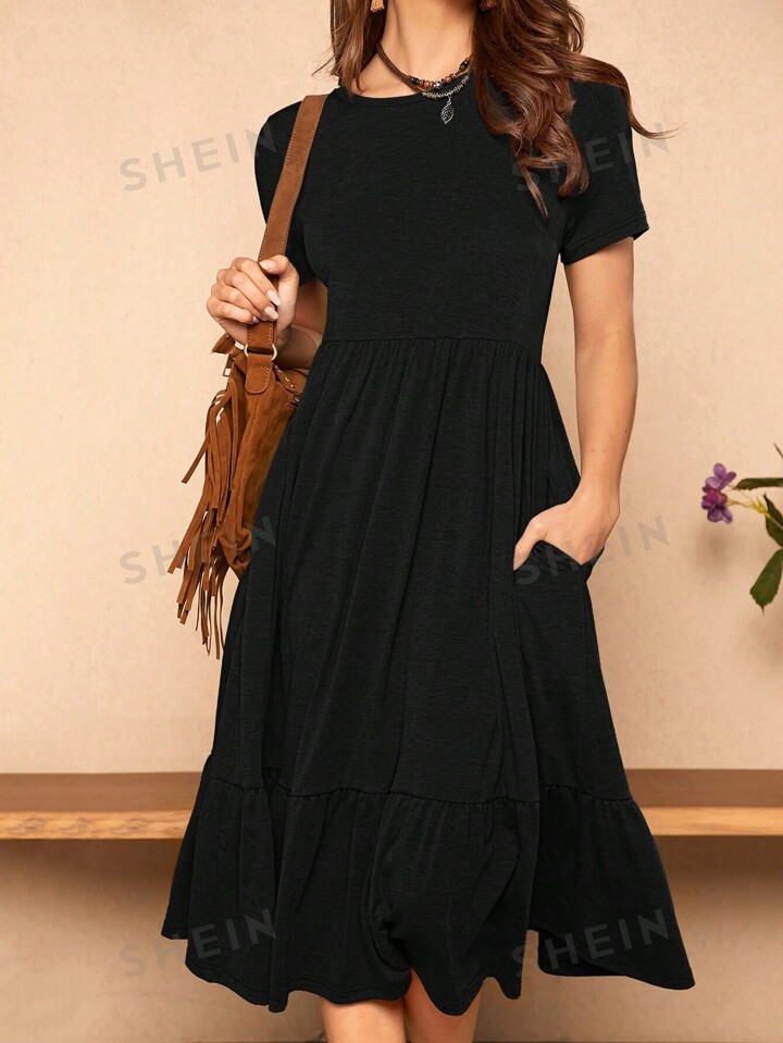 SHEIN LUNE Solid Ruffle Hem Smock Dress | SHEIN