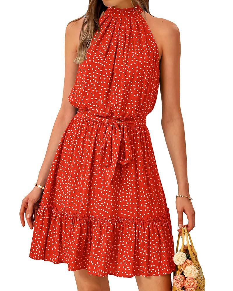 BTFBM Women Halter Neck Summer Dresses 2025 Spring Casual Sleeveless Floral Polka Dot Ruffle Mini... | Amazon (US)