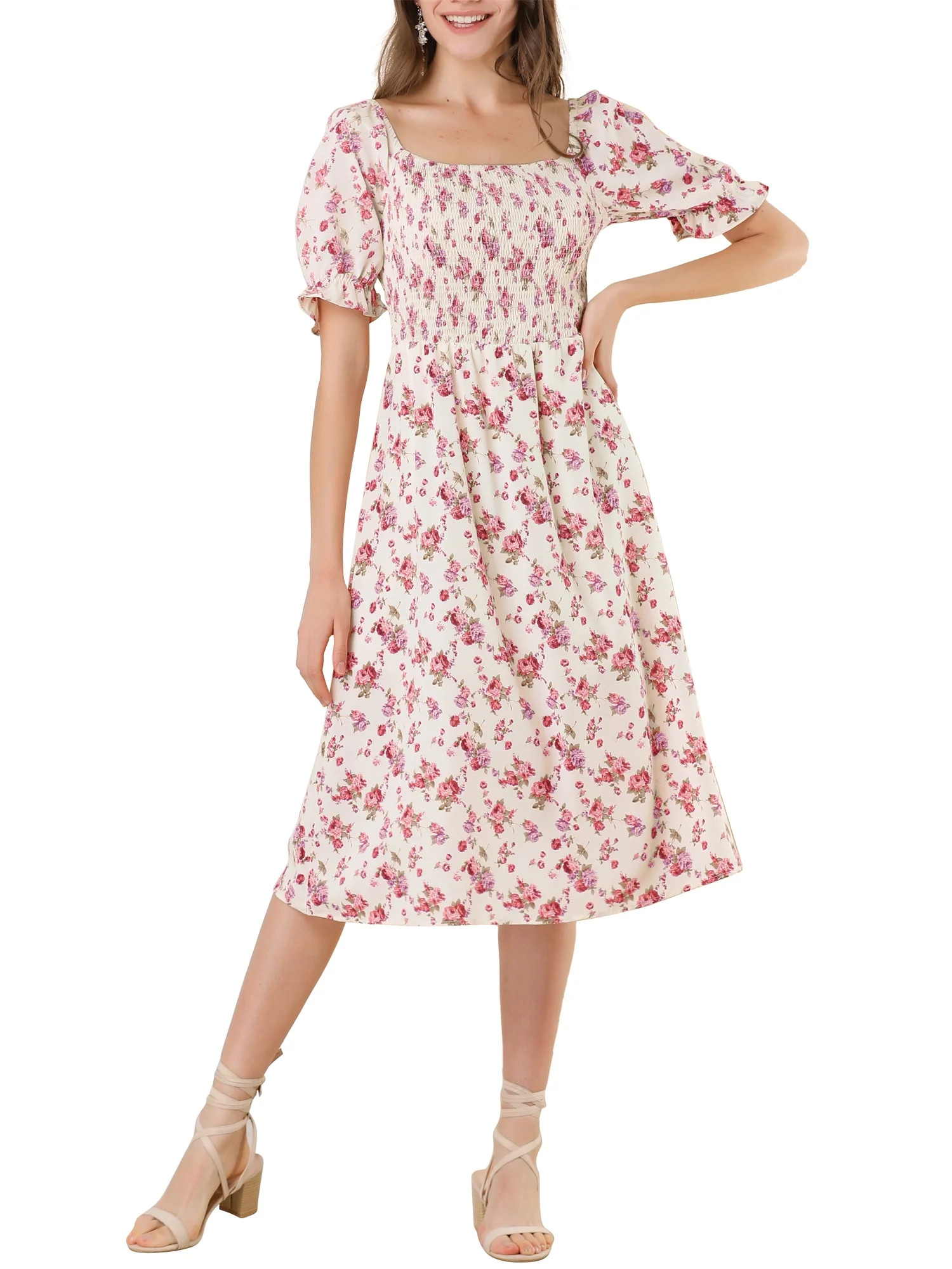 Allegra K Women's Square Neck Puff Sleeves Casual Midi Smocked Floral Dresses | Walmart (US)