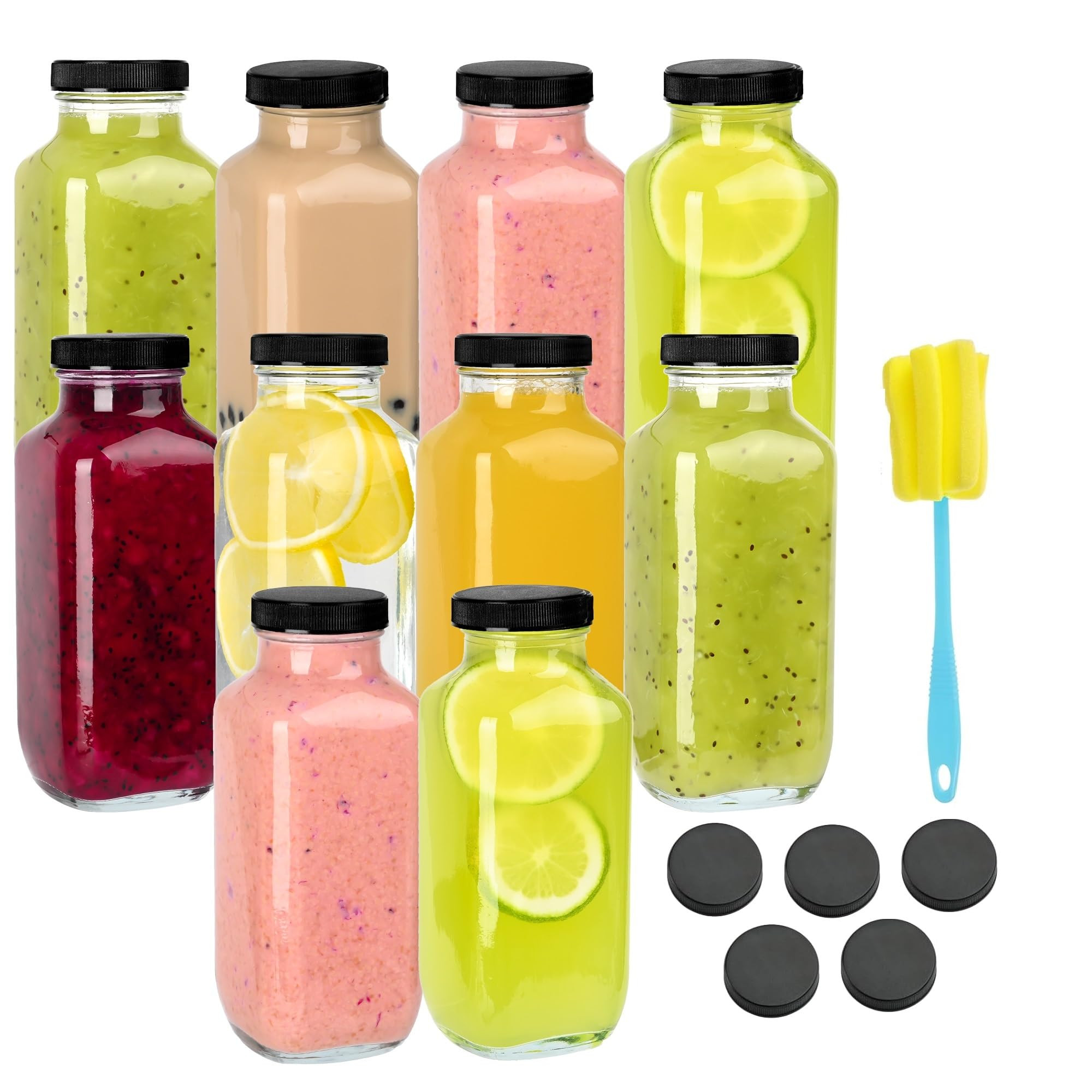10 Pack 16oz Glass Juice Bottles with Lids - Reusable Juicing Bottles Glass Drinking Jars Contain... | Amazon (US)