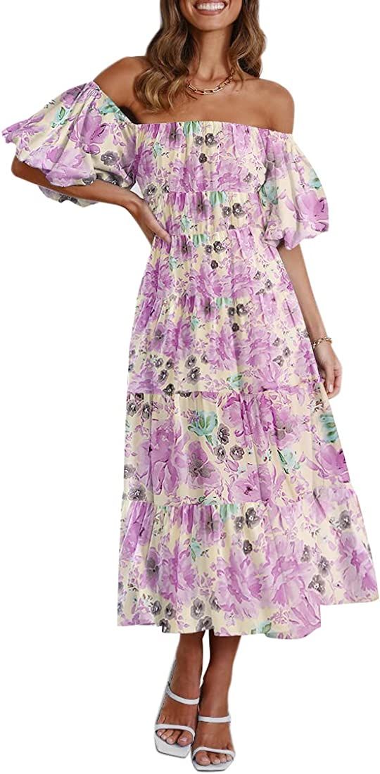 Suwayoo Women's 2023 Summer Casual Midi Dress Floral Print Puff Sleeve Square Neck A-line Midi Be... | Amazon (US)