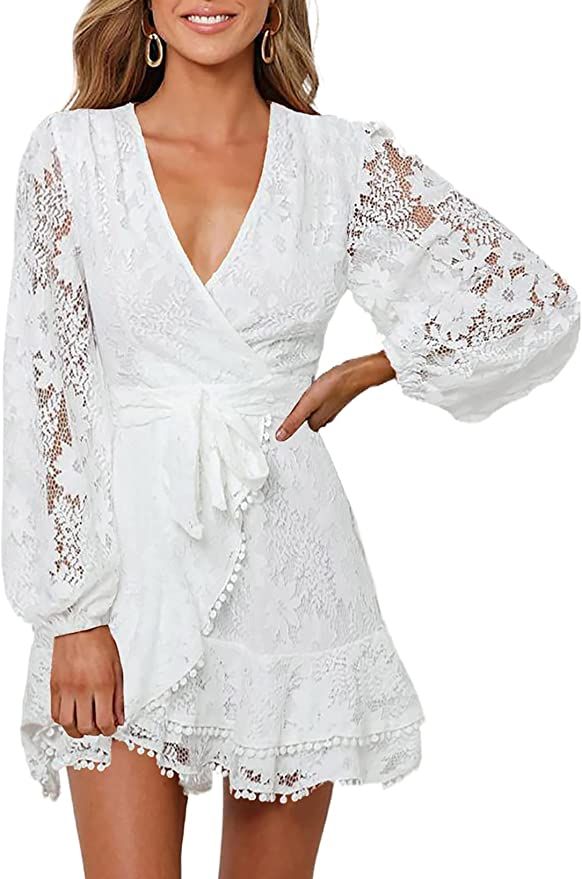 FARYSAYS Womens Lace Wrap Mini Dresses Floral V Neck Ruffle Short Dress with Belt | Amazon (US)