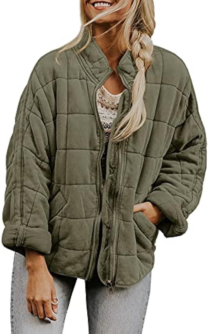 FeMereina Womens Dolman Lightweight Quilted Jackets Zip Up Long Sleeve Stand Neck Pockets Coat Wa... | Amazon (UK)