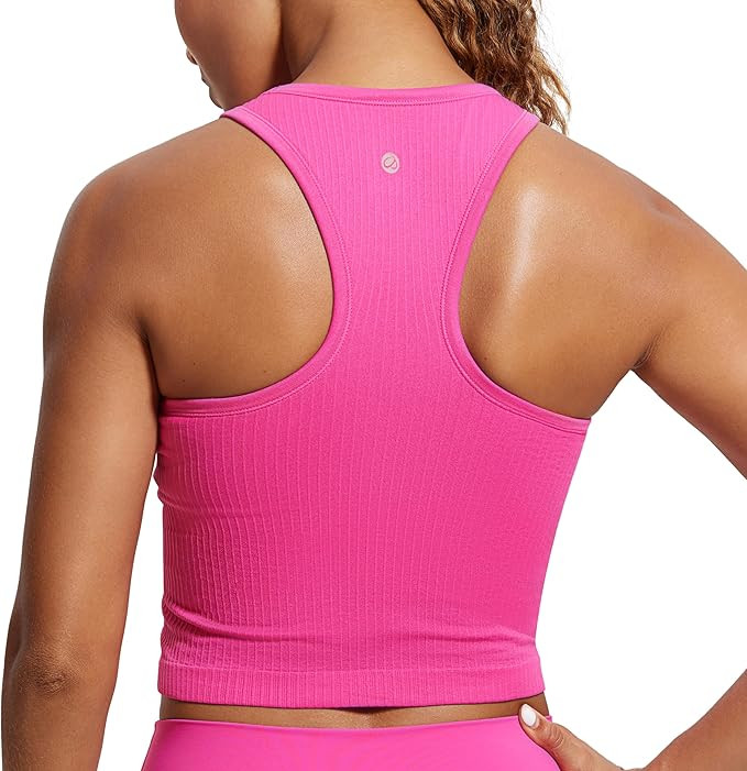 CRZ YOGA Womens Seamless Ribbed Longline High Neck Sports Bra - Racerback Padded Slim Fit Crop Ta... | Amazon (US)