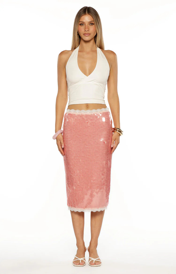 Petra Pink Sequin Lace Trim Midi Skirt | Beginning Boutique | Beginning Boutique (US)