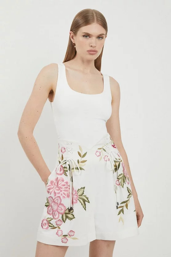Lydia Millen Linen Embroidery Woven Short | Karen Millen US