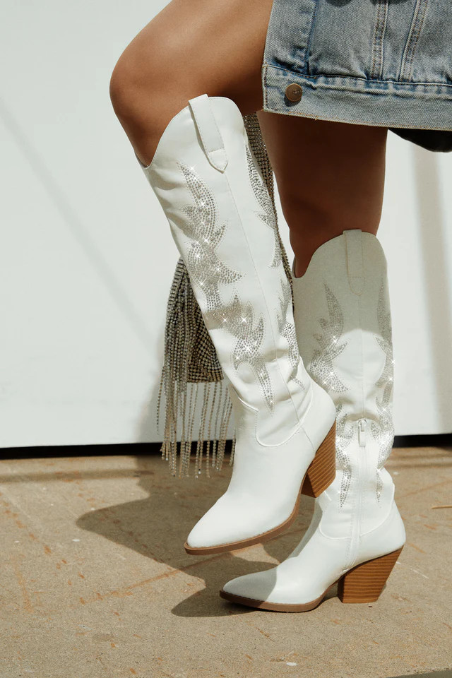 Miss Lola | Austin White Embellished Cowgirl Boots | MISS LOLA