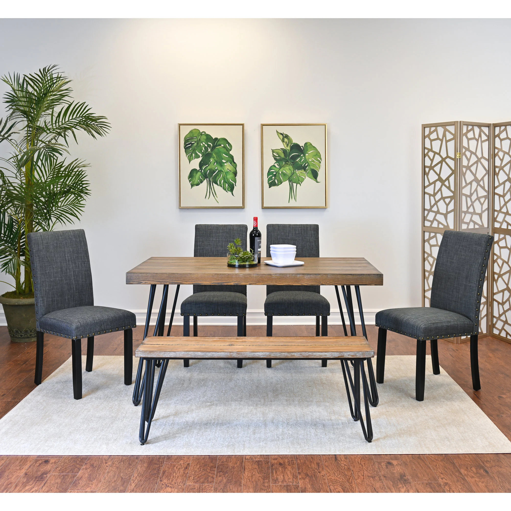 Afoxsos 6 piece dining set hairpin dining table 60 in x 33 in x 30 in 4 upholstered chairs wood bench 3 color options Cotton one_size | LAF0129D61 | Lowe's