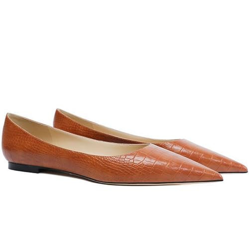 Women's Fashion Patent Leather Pointed Toe Shallow Mouth Flat Shoes Summer Closed Toe Comfort Dress Walking Flats (Brown,10) | Amazon (US)