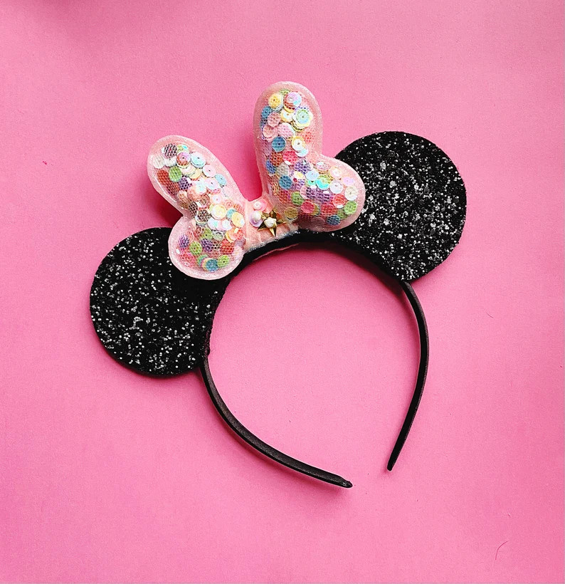 Minnie Mouse Ears Headband, Pink Bow with Sequins, giddyupandgrow | Etsy (US)