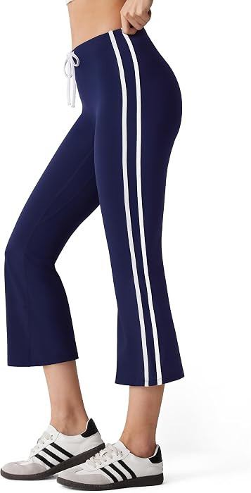 MOOSLOVER Women Flare Capri Yoga Pants High Waisted Side Stripe Drawstring Bootcut Flared Cropped... | Amazon (US)