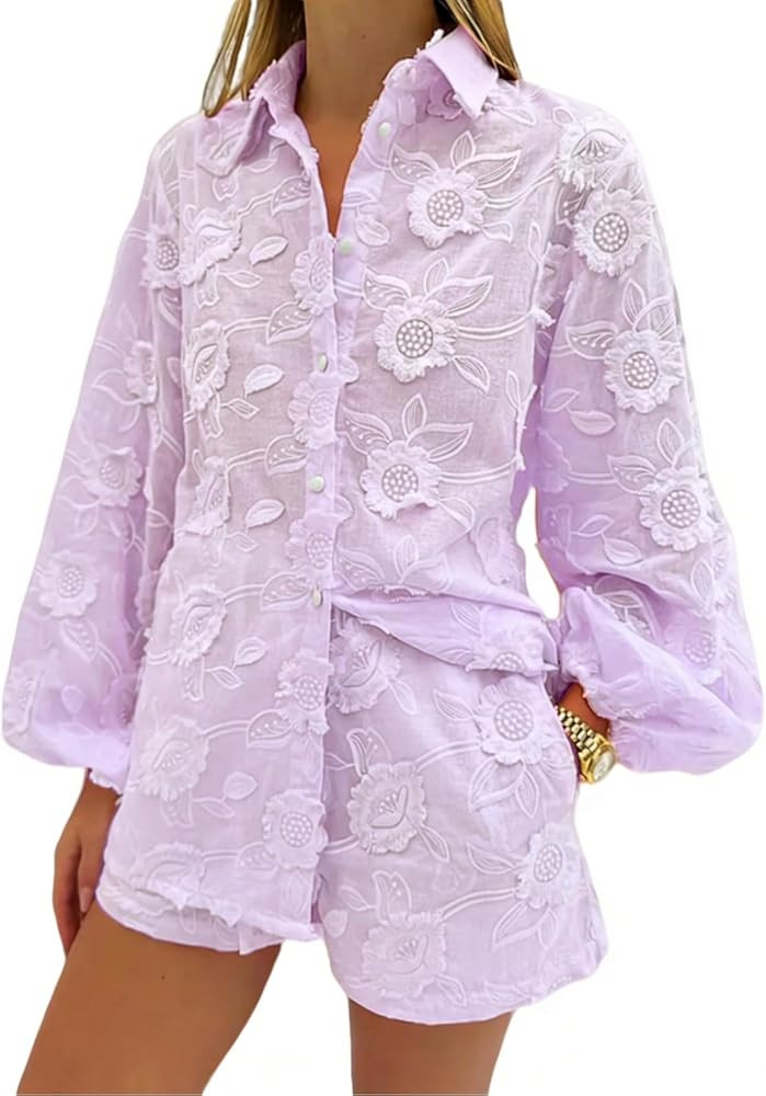 REASERAL Womens Lace 2 Piece Outfits Long Sleeves Lapel Jacket Top Lace Up Mini Shorts Casual Goi... | Amazon (US)