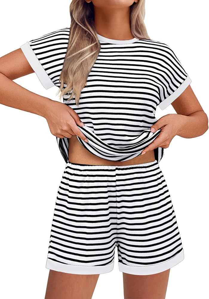 EKOUAER 2 Piece Sets for Women Summer Outfits Cute Stripe Knit T Shirts Shorts Matching Lounge Se... | Amazon (US)