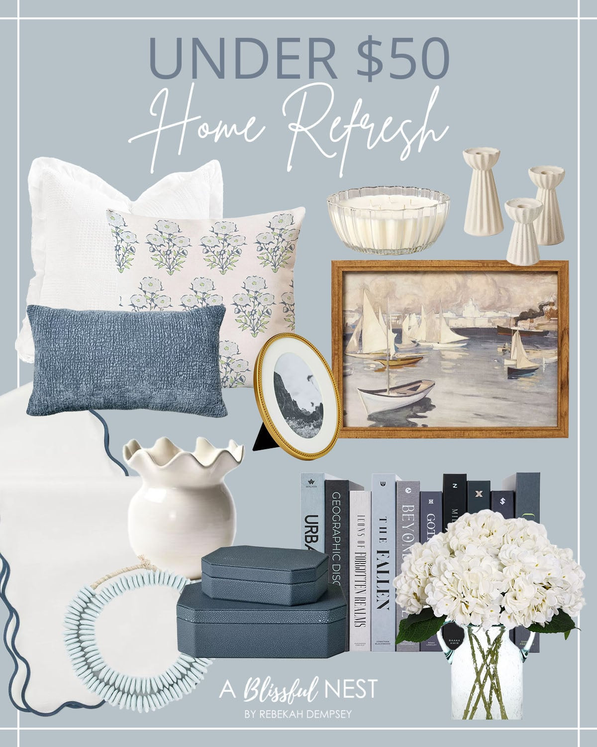 Grab these budget-friendly home décor finds and refresh your space for under $50! decorative pillows, white ruffle vase, candle jar, candle holders, artwork, picture frames, decorative boxes, decorative books, saucer beads, scallop table runner, and artificial flowers 

 #LTKHome #LTKFindsUnder50 #LTKStyleTip