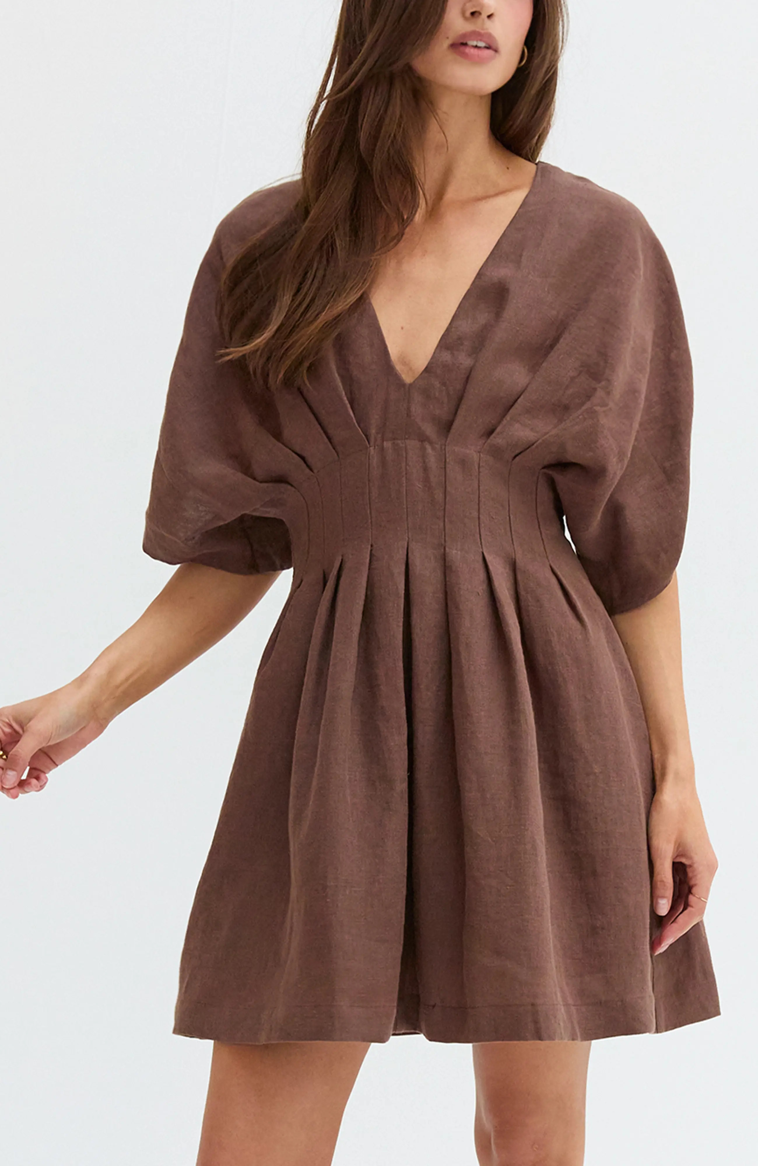 CRESCENT Pleated Linen Mini Dress in Oatmeal at Nordstrom, Size Small | Nordstrom