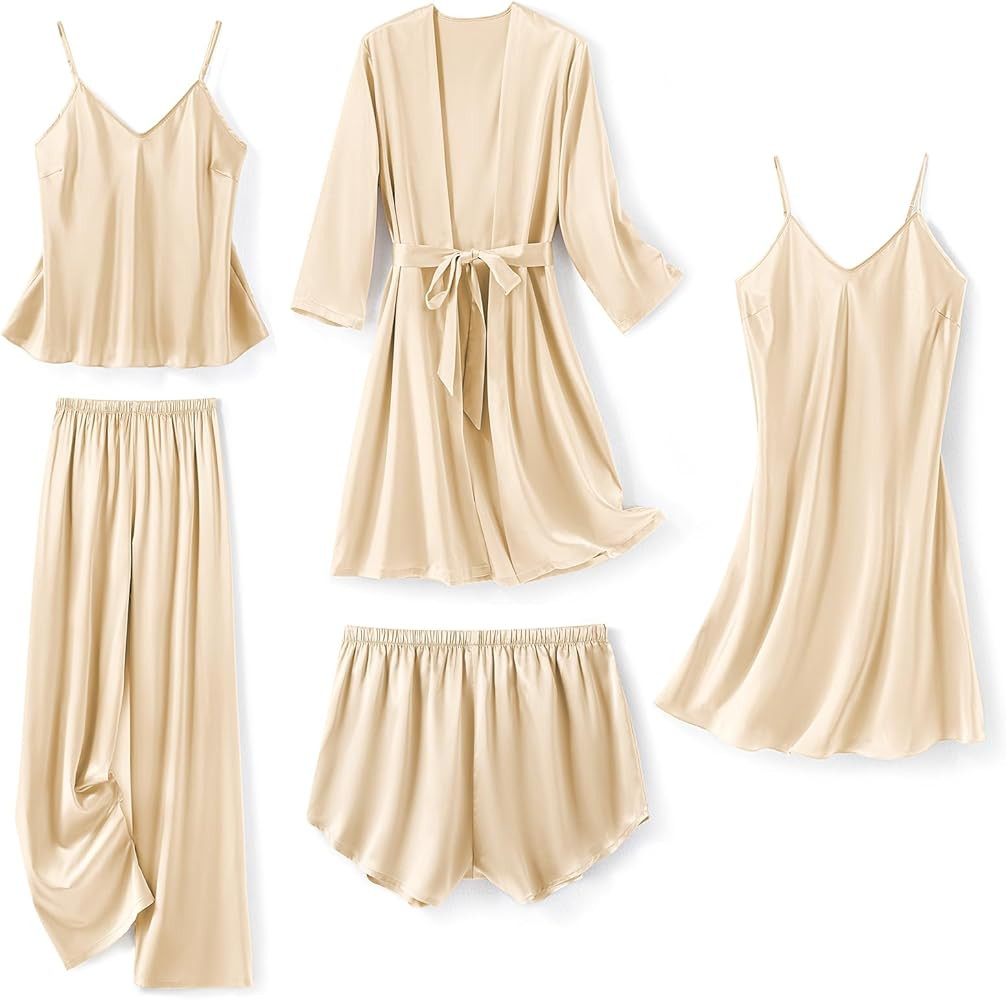 SAPJON Silk Pajamas for Women 5Pcs Sleepwear Loungewear Satin Robe Cami Shorts Pj Set | Amazon (US)