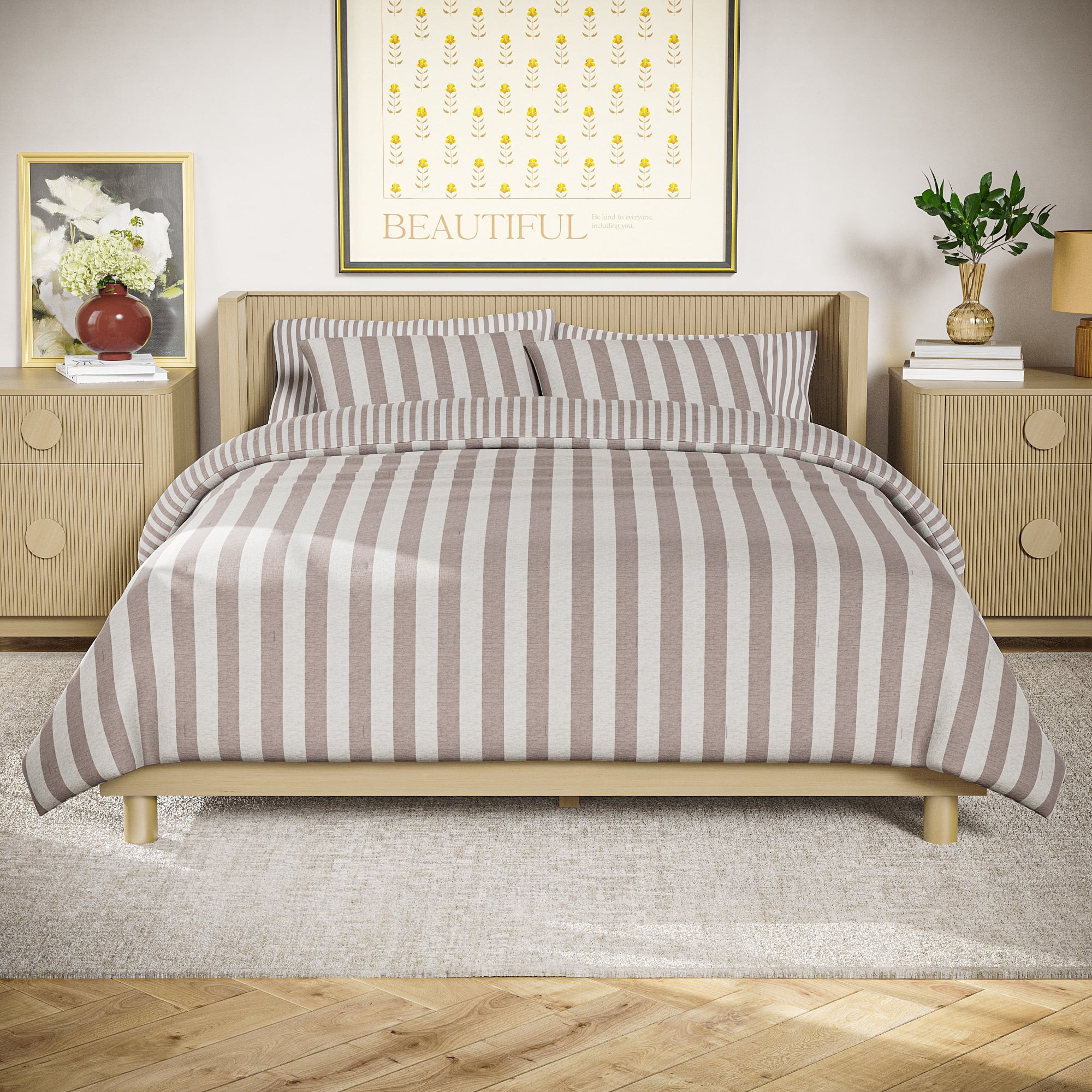 Beautiful 100% Cotton Striped 3-Piece Natural Comforter Set, Full/Queen by Drew Barrymore | Walmart (US)