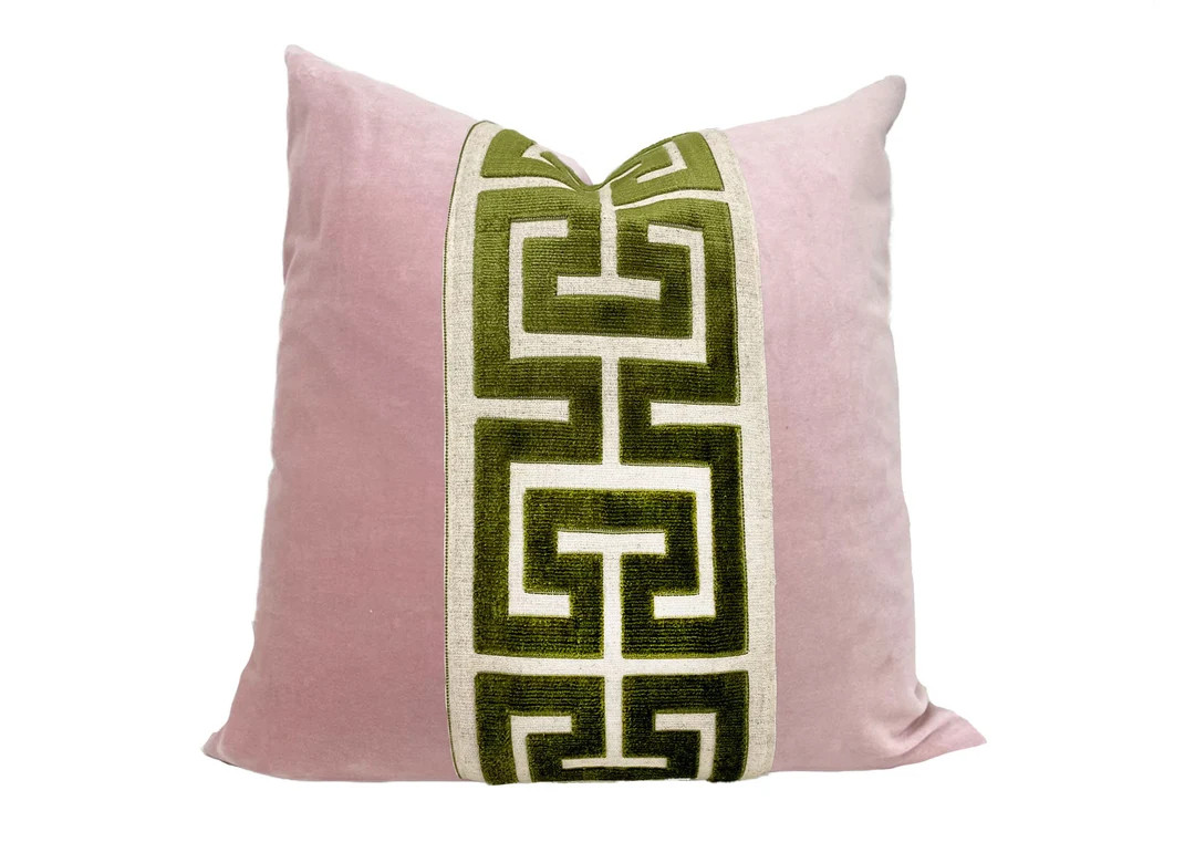 Light Pink Velvet Pillow Cover with Large GREEN Greek Key Trim | Etsy (US)