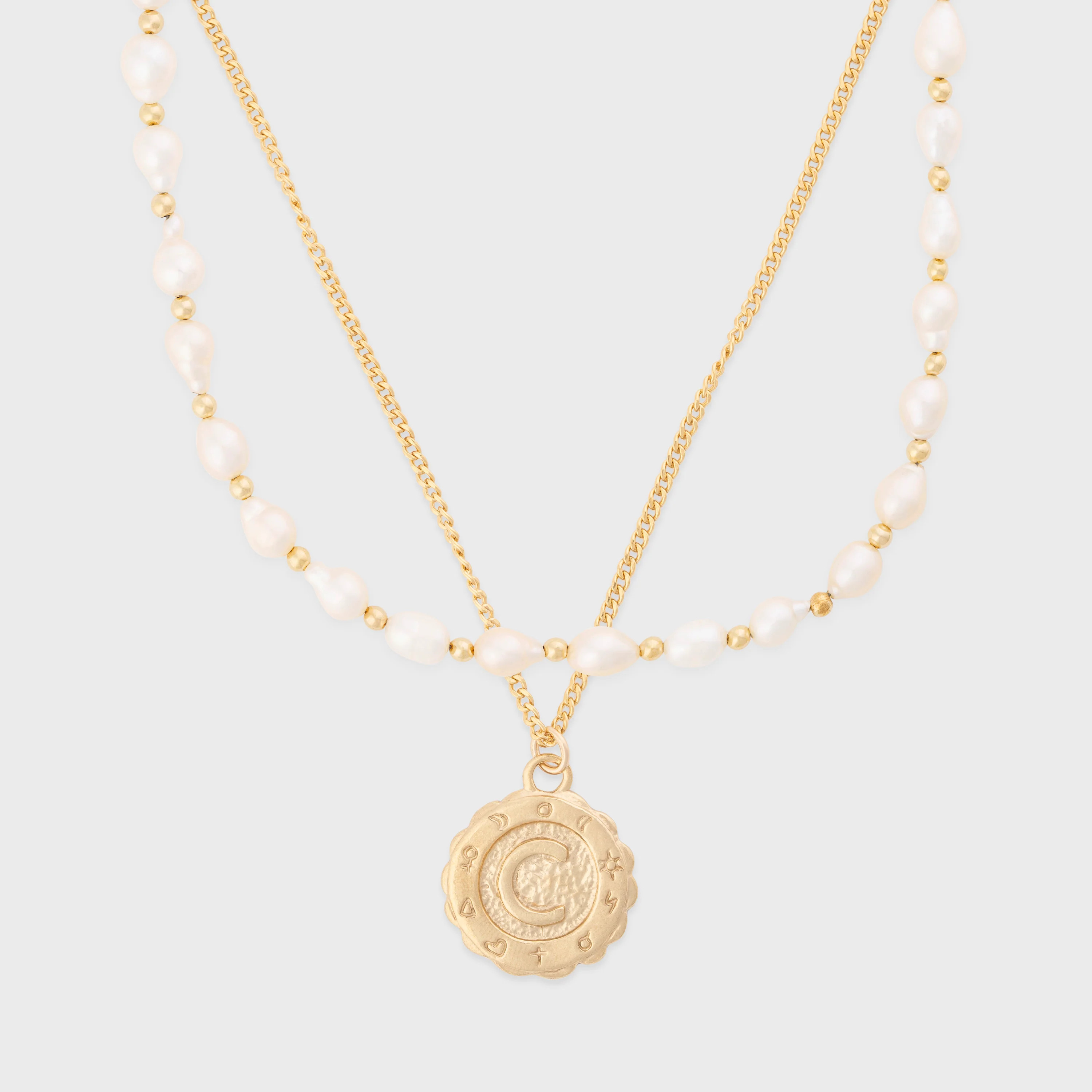 baroque pearl + goddess initial necklace layering set | Cuffed by Nano