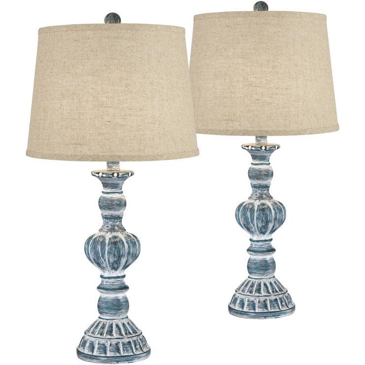 Regency Hill Country Cottage Table Lamps 26.5" High Set of 2 Blue Wash Burlap Linen Drum Shade fo... | Target