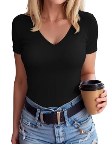 SANDERY Black Shirts for Women V Neck Short Sleeve Shirts Ribbed Casual Slim Fitted Tops Blouses Black S | Amazon (US)