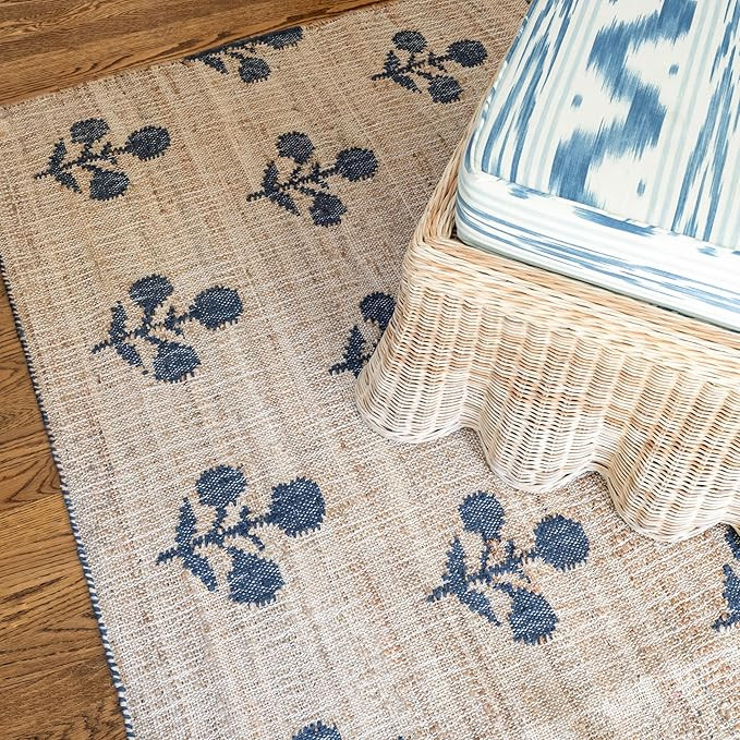 Neutral/Blue Wool/Jute Indian Block Orchard Bloom Area Rug - Accent Rug, Throw Rug Carpet for Liv... | Amazon (US)