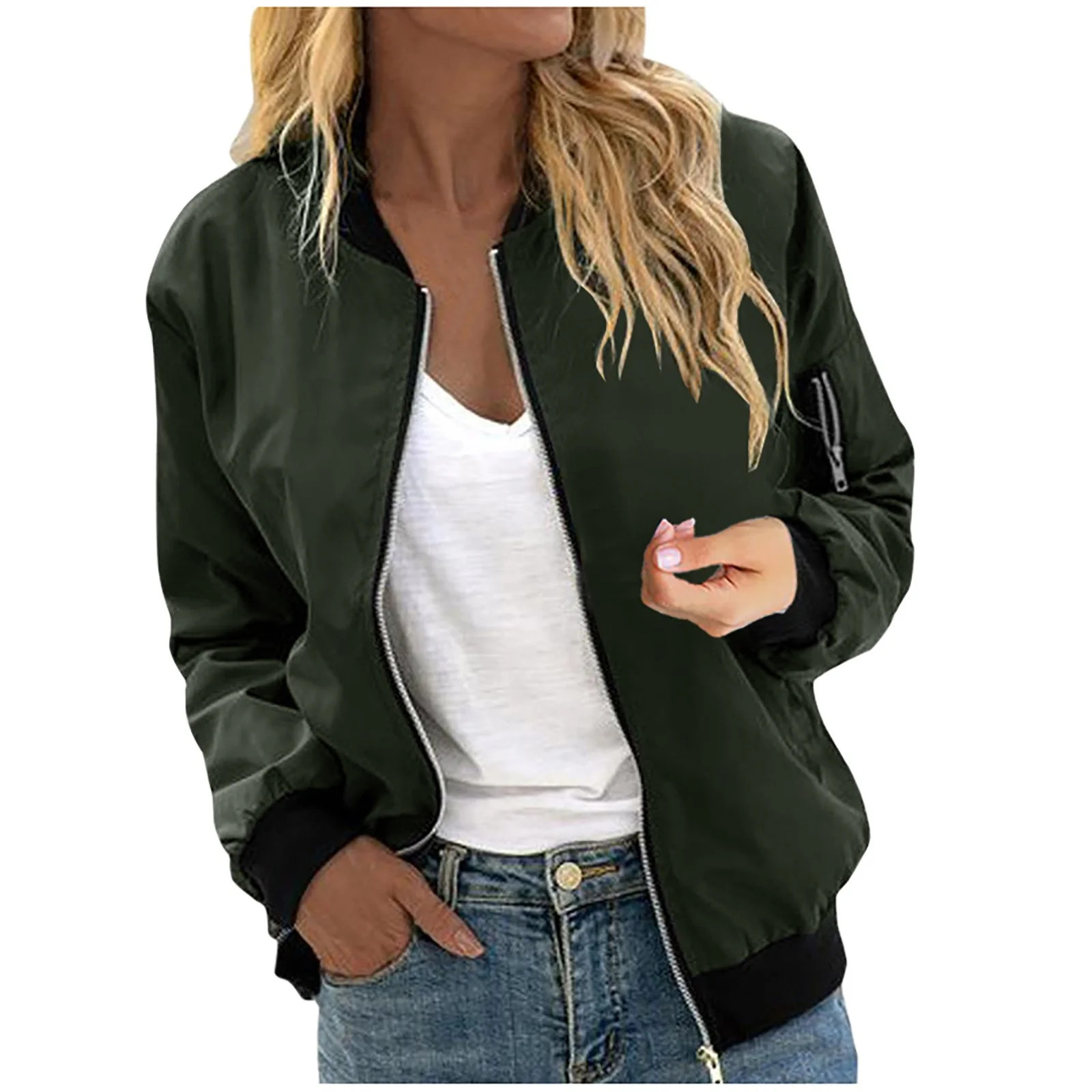 Zip Up Jacket for Women Lightweight Windproof Bomber Jackets Fashion Solid Baseball Coat Boyfrien... | Walmart (US)