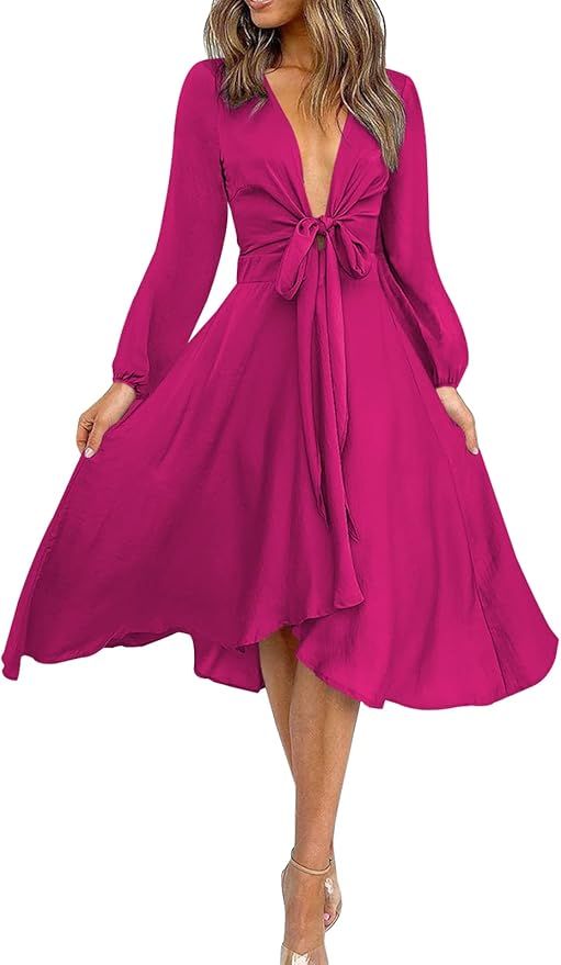miduo Womens Dresses Satin Fashion V Neck Self Tie Long Sleeve High Waist Skater Midi Dresses for... | Amazon (US)