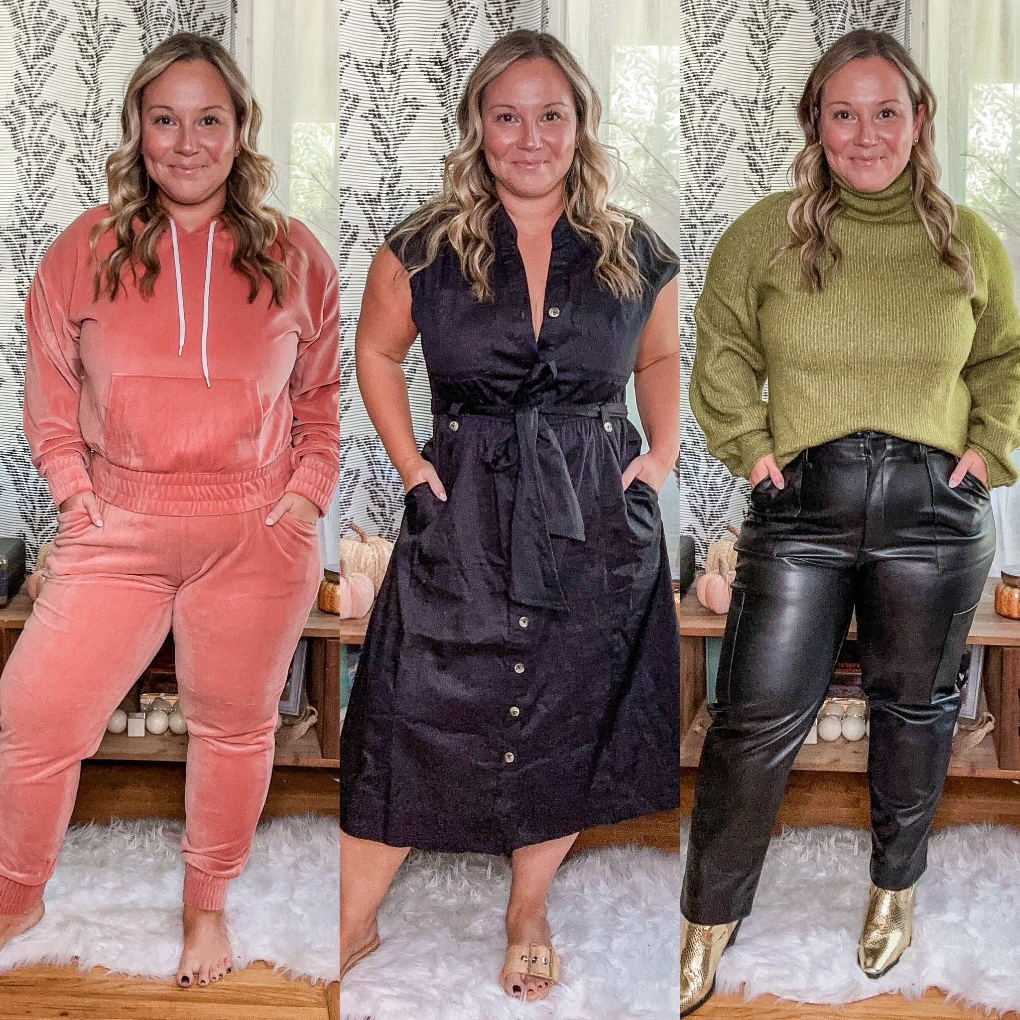#walmartpartner #walmartfashion 
@walmartfashion @walmart
Fall try on haul 
Size large velour set 
Size medium utility dress 
Size medium sweater 
Size 12 faux leather cargo pants 
Booties size up half size (whole size if no half sizes) 


#LTKmidsize #LTKover40 #LTKstyletip